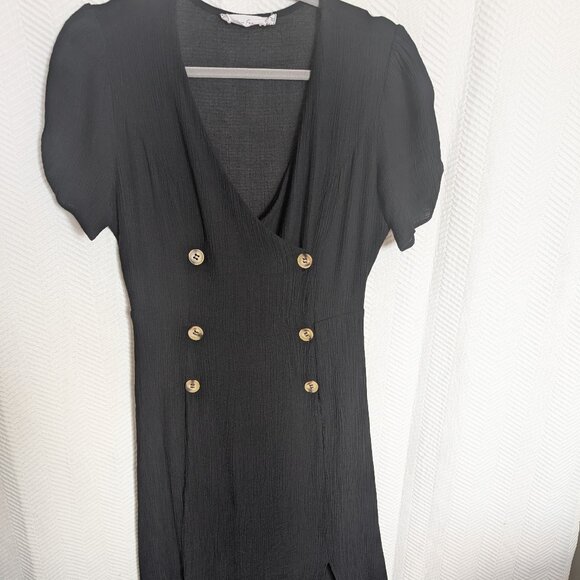 All In Favor Black Double Breasted Button Midi Dress Front Slits Crepe Medium - Picture 2 of 7